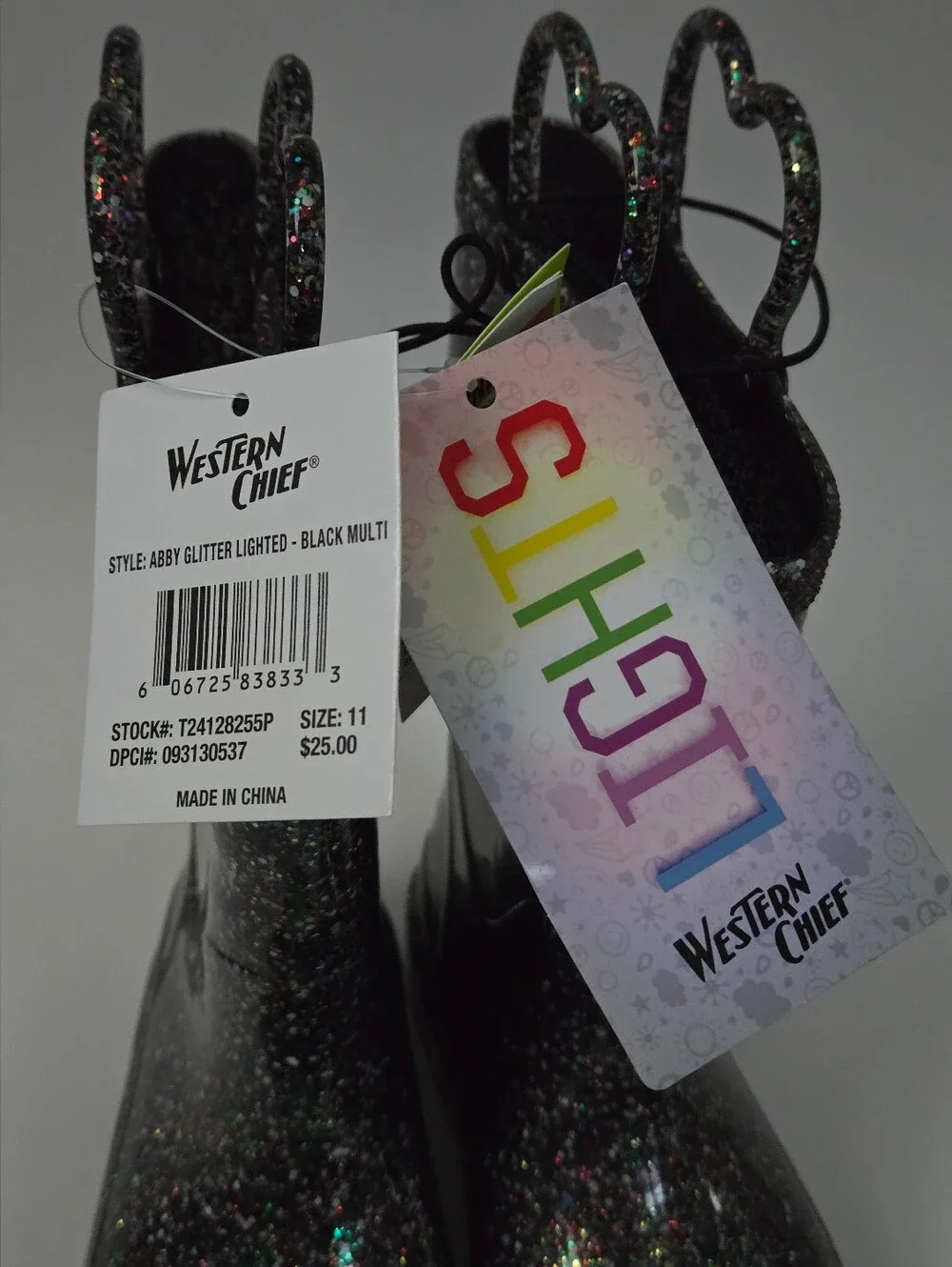 NEW Western Chief Kids Abby Black Glitter Rain Boots Light-Up Waterproof Size 11